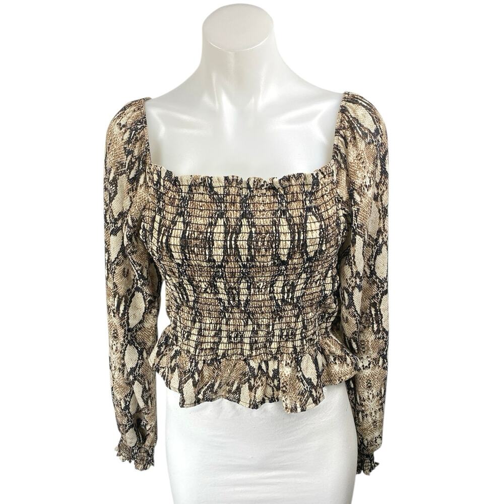 Sage The Label Beige Black Snakeskin Long Sleeve Smocked Blouse Crop Top Size M